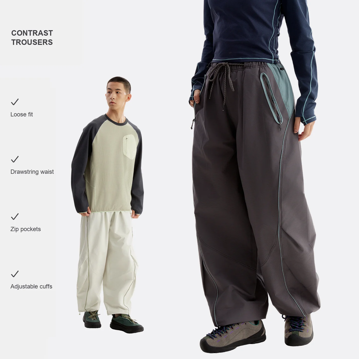 Mens Loose Fit Polyester Long Trousers with Contrast Panels Drawstring Elastic Waist Zip Pockets Adjustable Cuffs Casual Pants