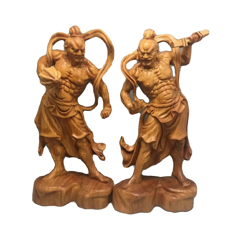 Natural Solid Wood Grand Marshal Marshals Hum Ha Two Will Door God Statue Hand-Carved Home Room Office Decor Figure Statue Suit view 5