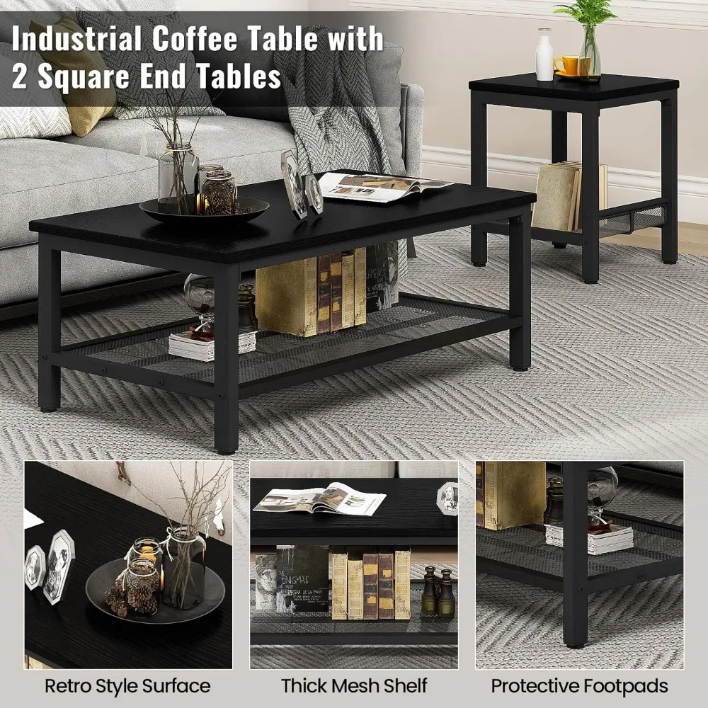 3 Pieces Living Room Table Set, Industrial Coffee Table with 2 Square End Side Tables, Coffee Table Set with Metal Frame