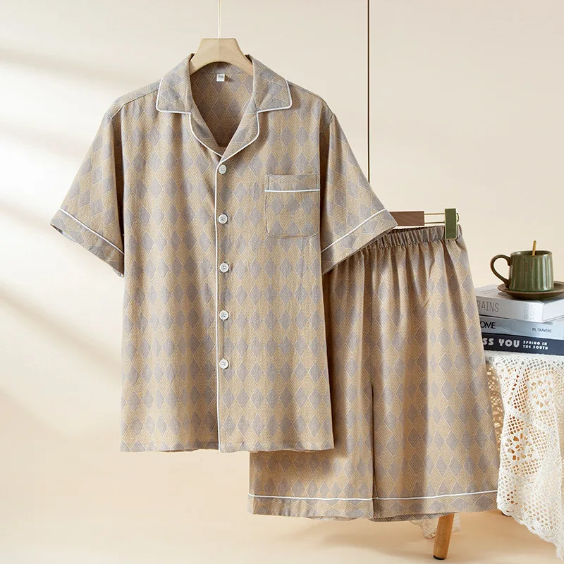 طقم بيجامة رجالي صيفي جديد لعام 2026 سترة قطنية 100% قطن بأكمام قصيرة طقم مكون من قطعتين ملابس منزلية واسعة غير رسمية فضفاضة