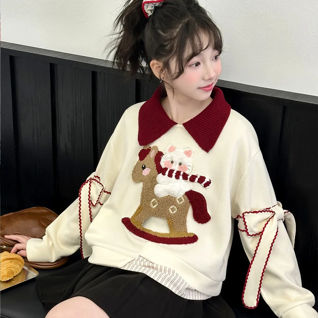 Girls Sweatshirt Autumn Red Lapel Cute Cat Rocking Horse Patch Embroidery Bow Irregular Hem Kids Tops
