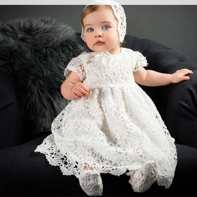 

0‑2Y Infant Lace Baptism Dress With Bonnet Short Sleeve Long Christening Gown Baby Girls 1st Birthday Wedding Formal Outfit
