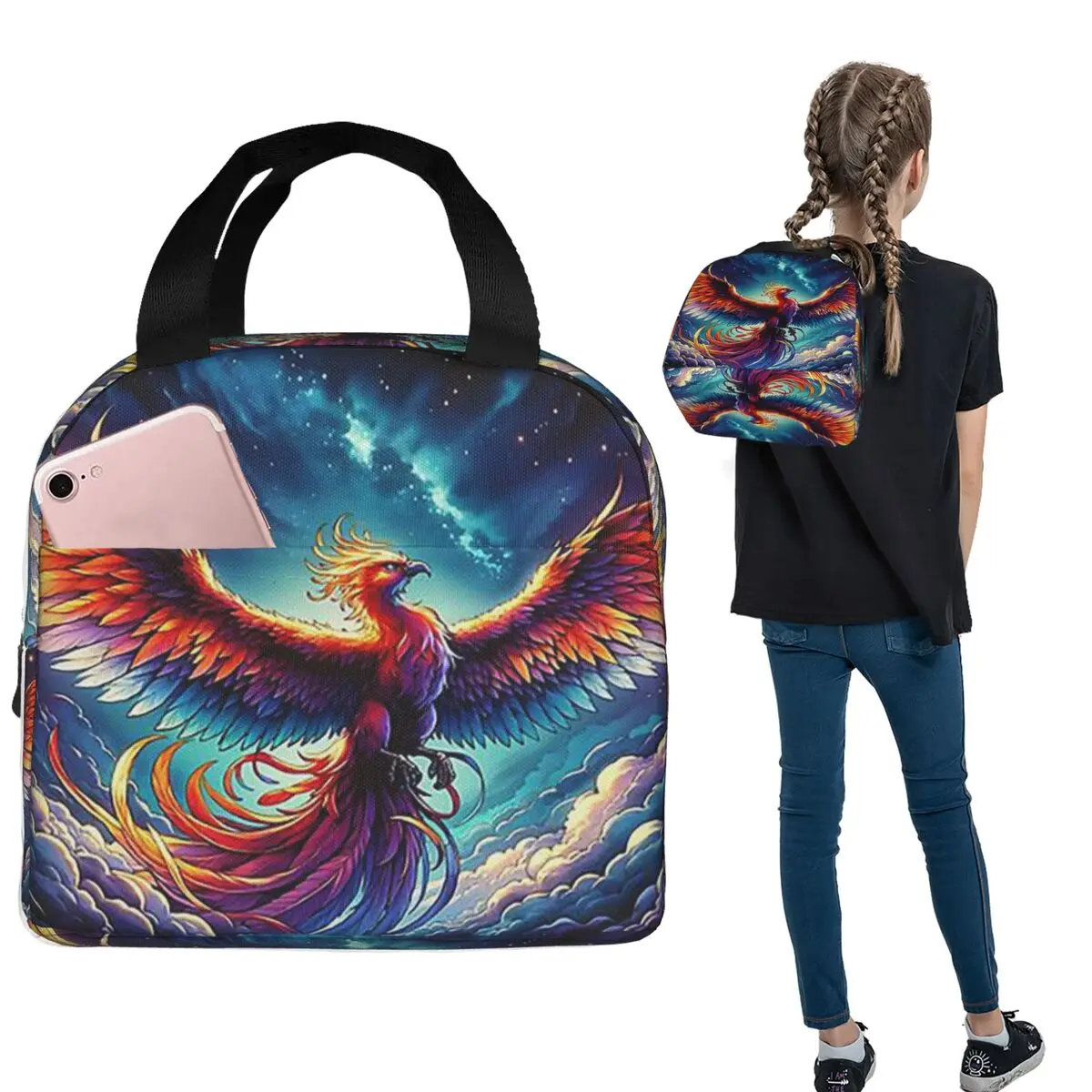 

Красочная изолированная сумка для обеда Colorful Majestic Phoenix для женщин и детей, портативные коробки для еды, термосумка для обеда