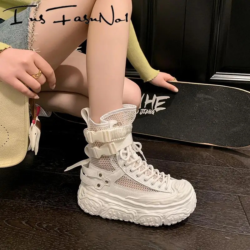 Street Style Air Mesh Genuine Leather Thick Sole Platform Ankle Women Knight Boots Lace Up Buckle Strap Summer Punk Female Shoes