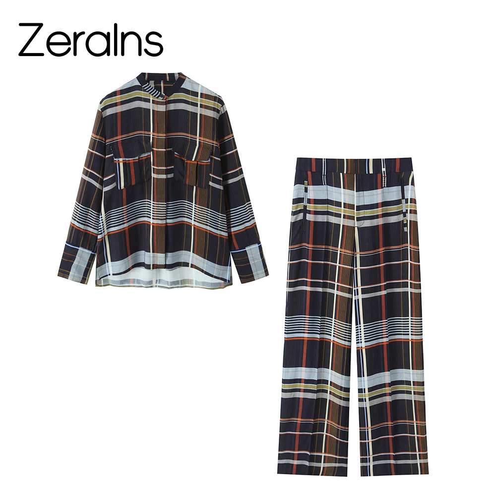 

ZERAINS осенний новый продукт, женская модная клетчатая рубашка с карманами, комплект брюк в клетку со средней талией, прямой комплект брюк в клетку со средней талией