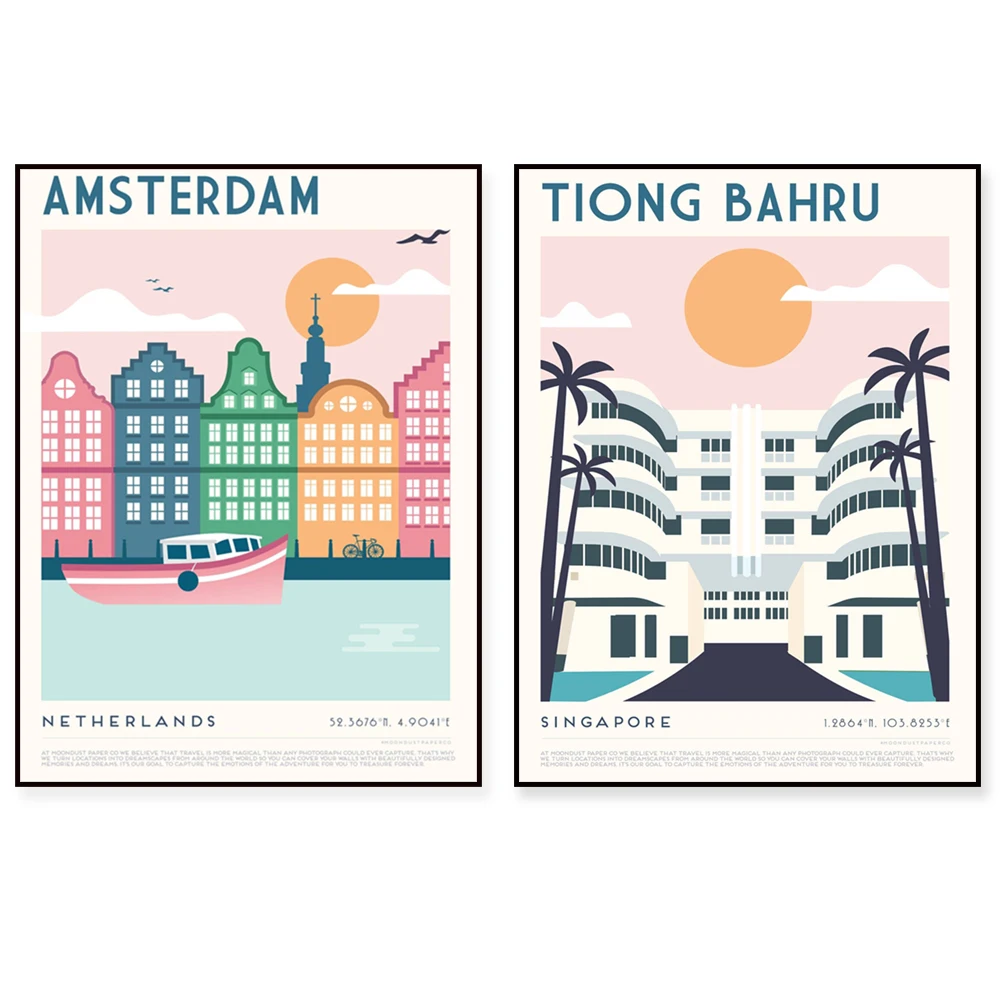 Machu Picchu, Peru; Bali; Singapore; Sydney; Amsterdam; Brooklyn; Eiffel Tower; Pastel City Travel Poster (Denmark, Europe)