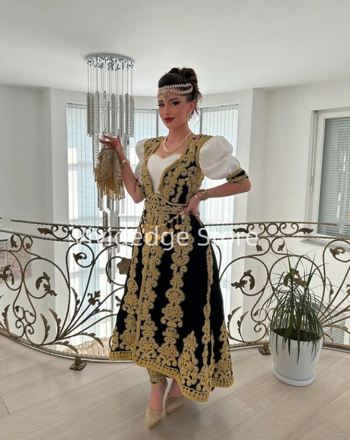 Sukienki damskie na studniówkę z krótkim rękawem, złote aplikacje z koronki, tradycyjne kosowo-albańskie suknie wieczorowe, vestido de gala szyte na miarę