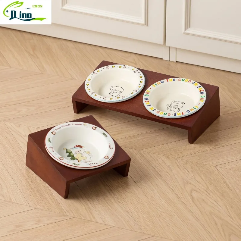 Cartoon Edge-protected Ceramic Pet Bowl with Tilted Stand, Anti-spill Cat Dog Food Water Bowl Neck Protection Pet Feeder