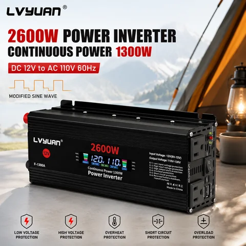 1500W 2000W 2600W Power Inverter DC 12V to AC 110V 120V Car Voltage Converter Pure Sine Wave Modified Sine Wave LCD Display Dual USB Fast Charging US Socket 60Hz Converter Adapter for RV Truck Camping Outdoor Emergency Home Solar System Charger