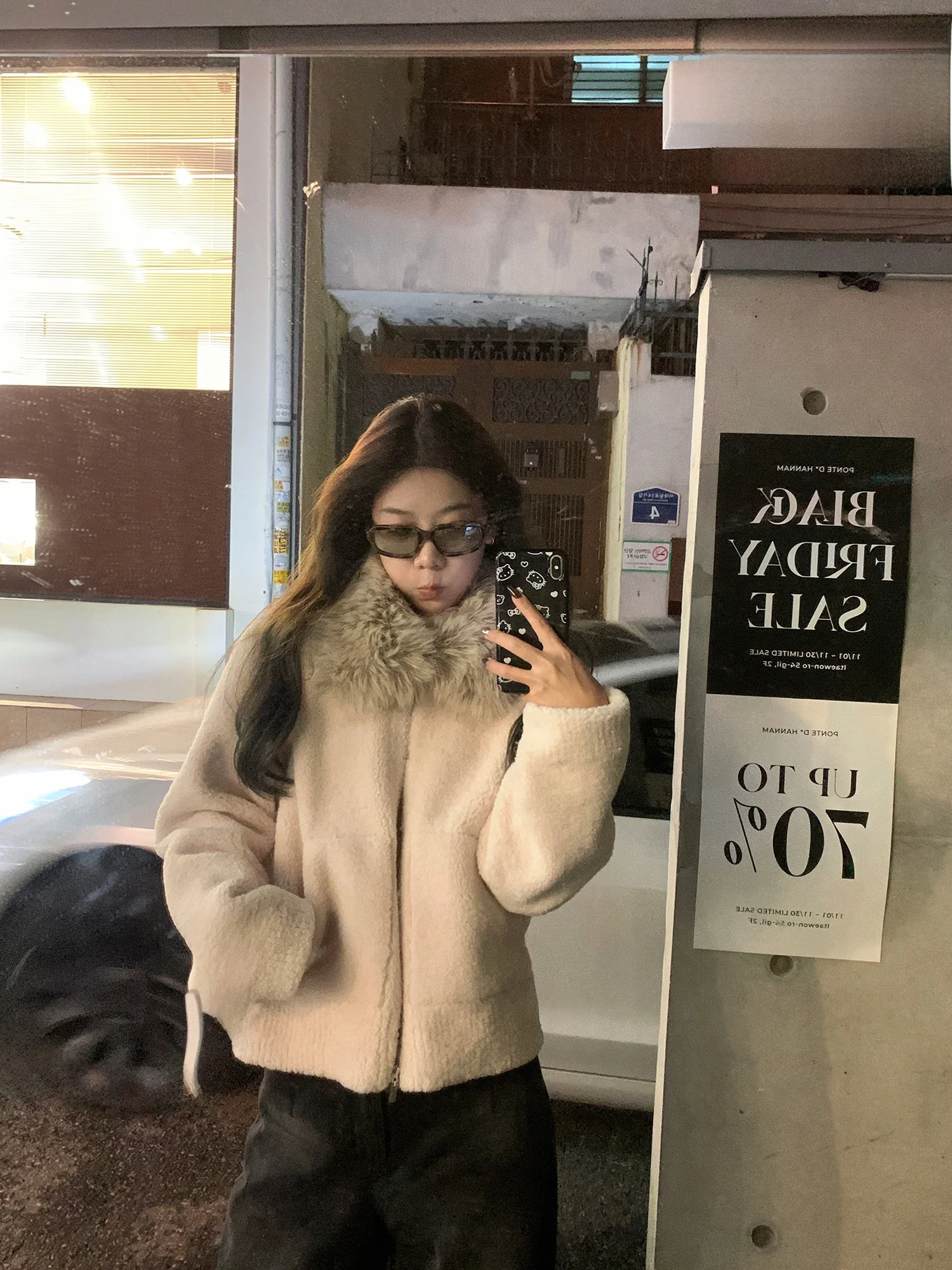 

Aonline Aurora Snow Kiss Milk White Detachable Fur Collar Eco-friendly Leather Fur Inteated Casual Loose Fit ort Coat
