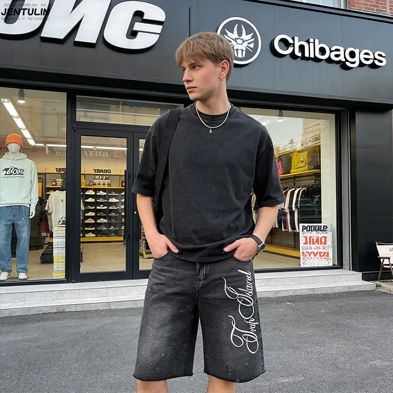 Men Rhinestone Baggy Jean Shorts Y2K Casual Vintage Wide Leg Straight Capri Denim Shorts Hip Hop Streetwear Men's NNew Bottoms