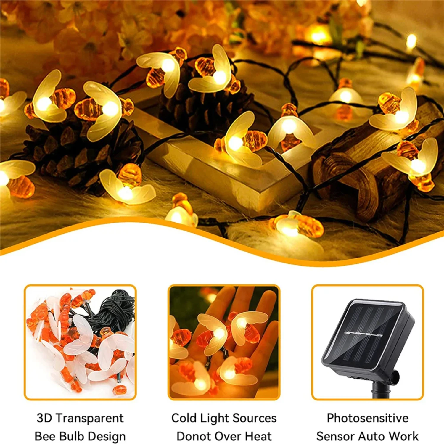 Solar String Light para decoração ao ar livre, 20 LED, abelha bonito, casamento, jardim, pátio, festa, árvore de Natal, abelha, estrelado, Fairy Lamp, novo