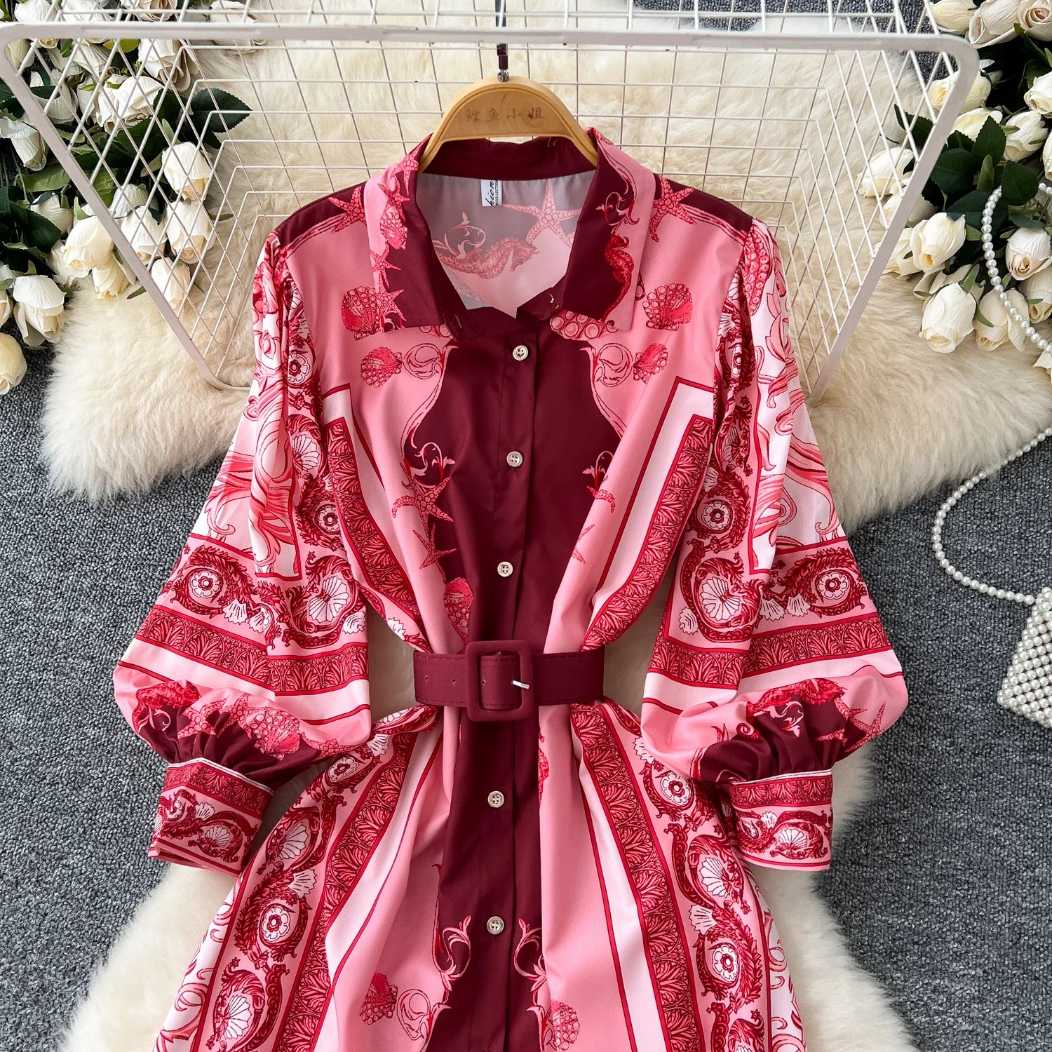 Chic Korean Fashion Print Turn-down Collar Long Lantern Sleeve Single Breasted Slim Dress Vintage Women Evening Autumn Clothing