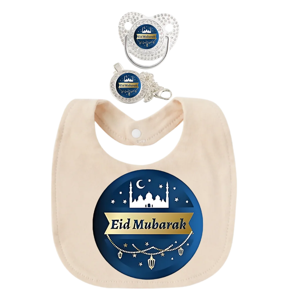 Arabic Calligraphy Newborn Pacifier with Baby Chain Clip Toddler Bandana Bib 3Pcs Set Muslim Print Soother Dummy BPA Free 0-18M