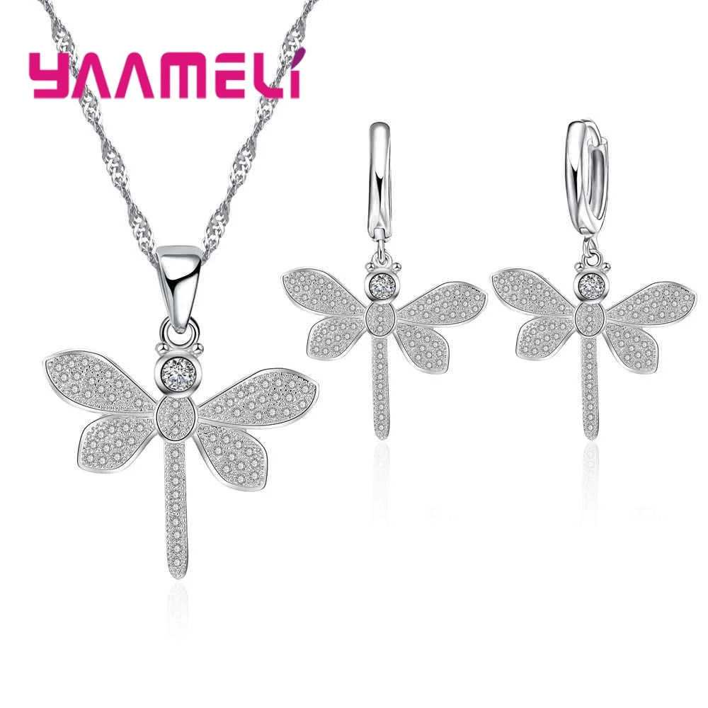 Valentine's Day Gift 925 Sterling Silver with aaa Cubic Zircon Dragonfly Necklace Earrings Jewelry Set for Women Hottest