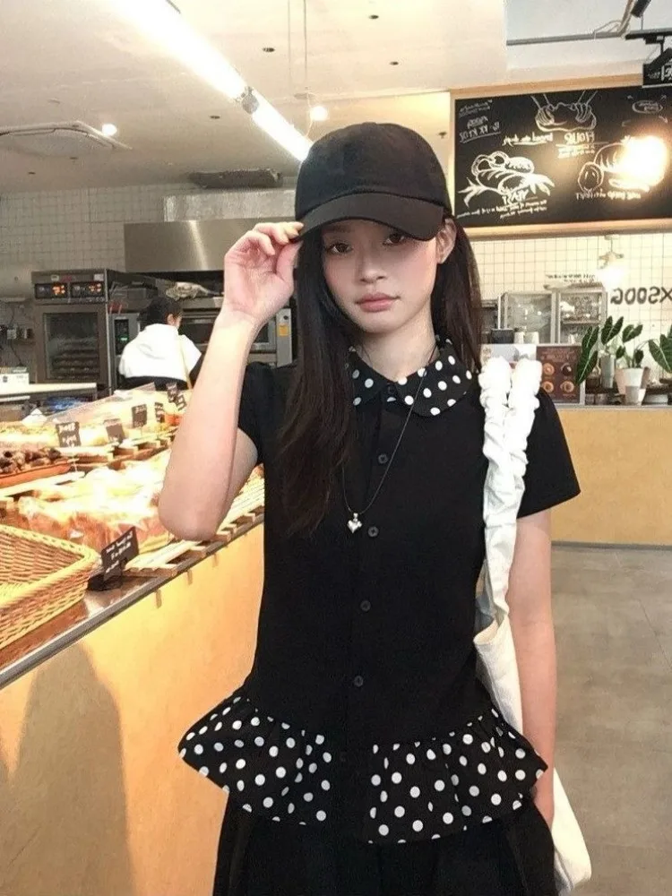 T Shirts Women Peter Pan Collar Polka Dot Printed Short Sleeve Slim Vintage Tops Female Fashion Casual Tee Shirt