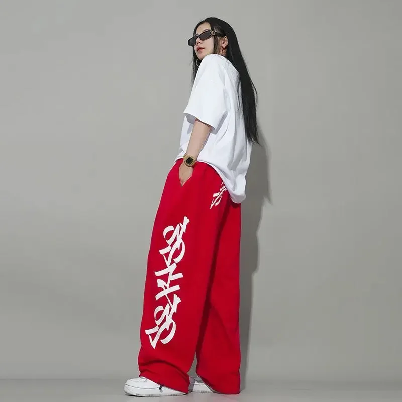 American Street Alphabet Red Loose Straight Drawstring Mopping Casual Pants Jazz Dance Hiphop Hip Hop Sports Pants Women\'s Pants