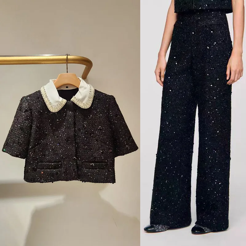 【Darmowy Prezent】Zestaw Damski Jesień Zima 2025: Francuski, Niszowy Top z Kolorowymi Blokami, Cyrkoniami, Perłami i Cekinami + Spodnie z Szerokimi Nogawkami