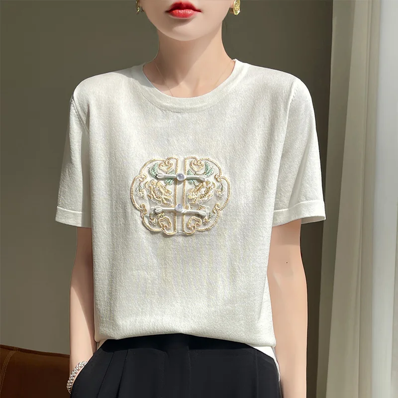 Spring/Summer New Style Pankou Chinese style Knitted Short Sleeve T-shirt Retro Top Thin Style Western Style