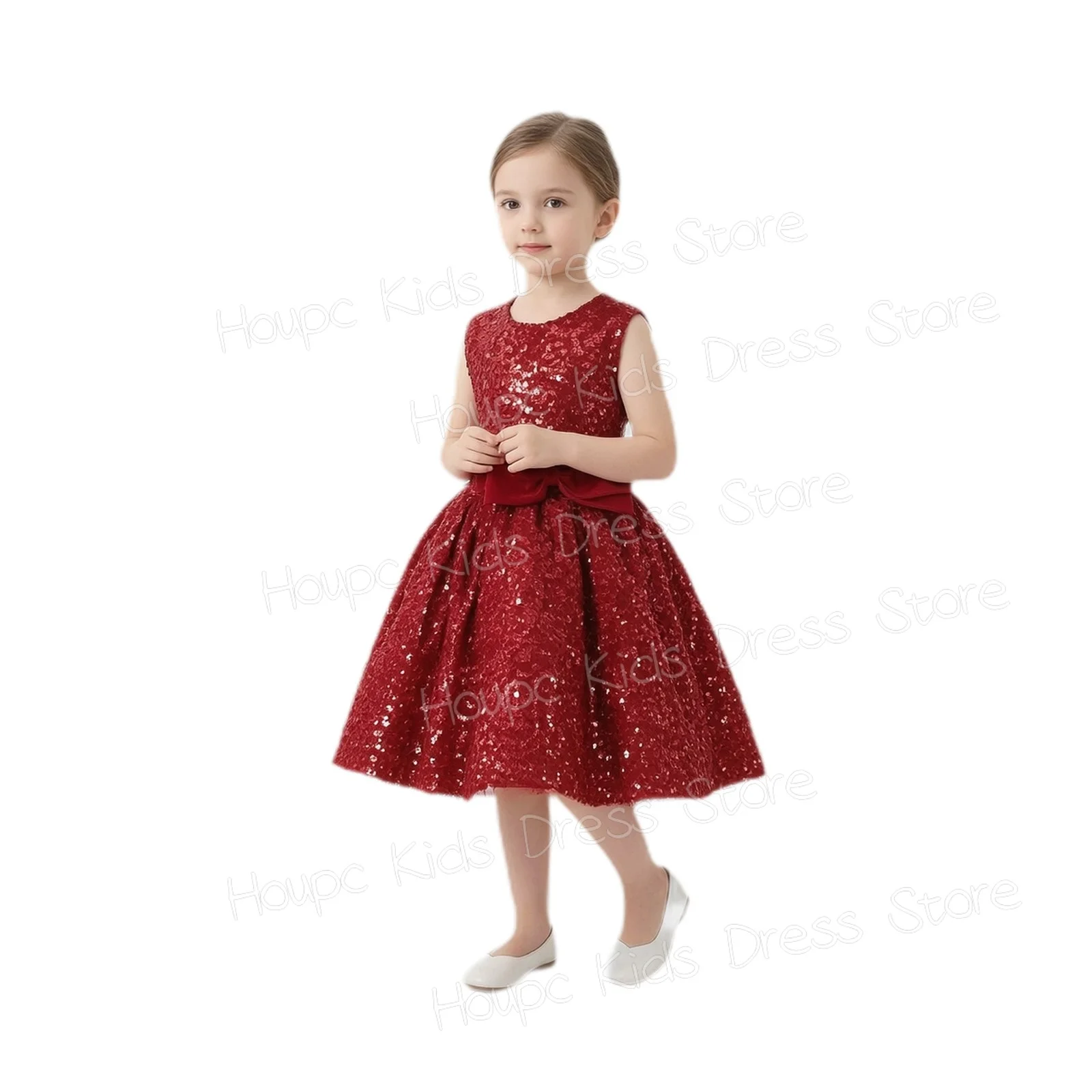 Shiny Red Flower Girl Dresses for  Sleeveless Sequins Knee Lenght Kids Party Birthday First Wedding Communion Ball Gown Custom