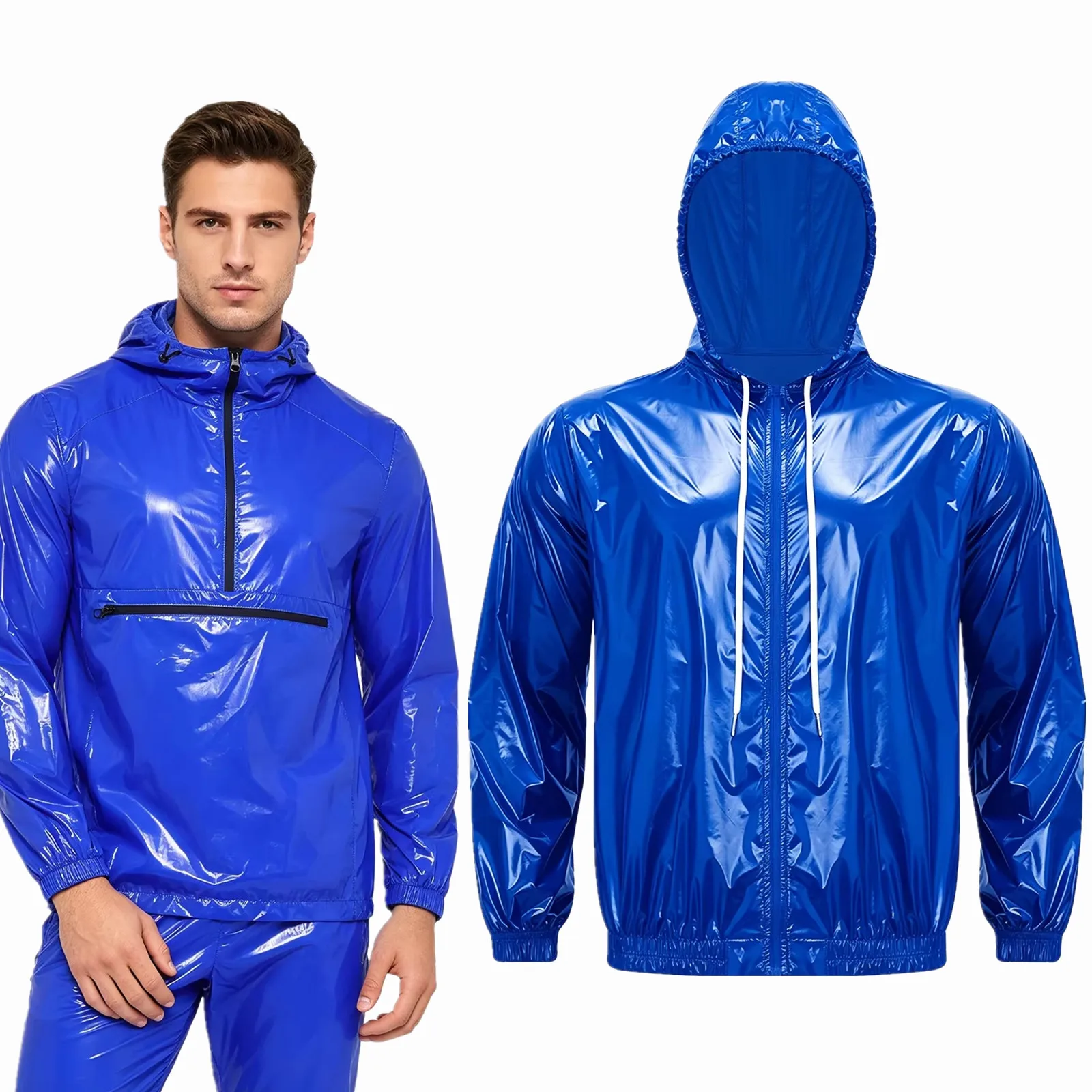Mens Waterproof Rain  Hooded Jacket Tops Lightweight Hooded Outdoor Raincoat  Long Sleeve Front Zip-up Drawstring Hood Outerwear