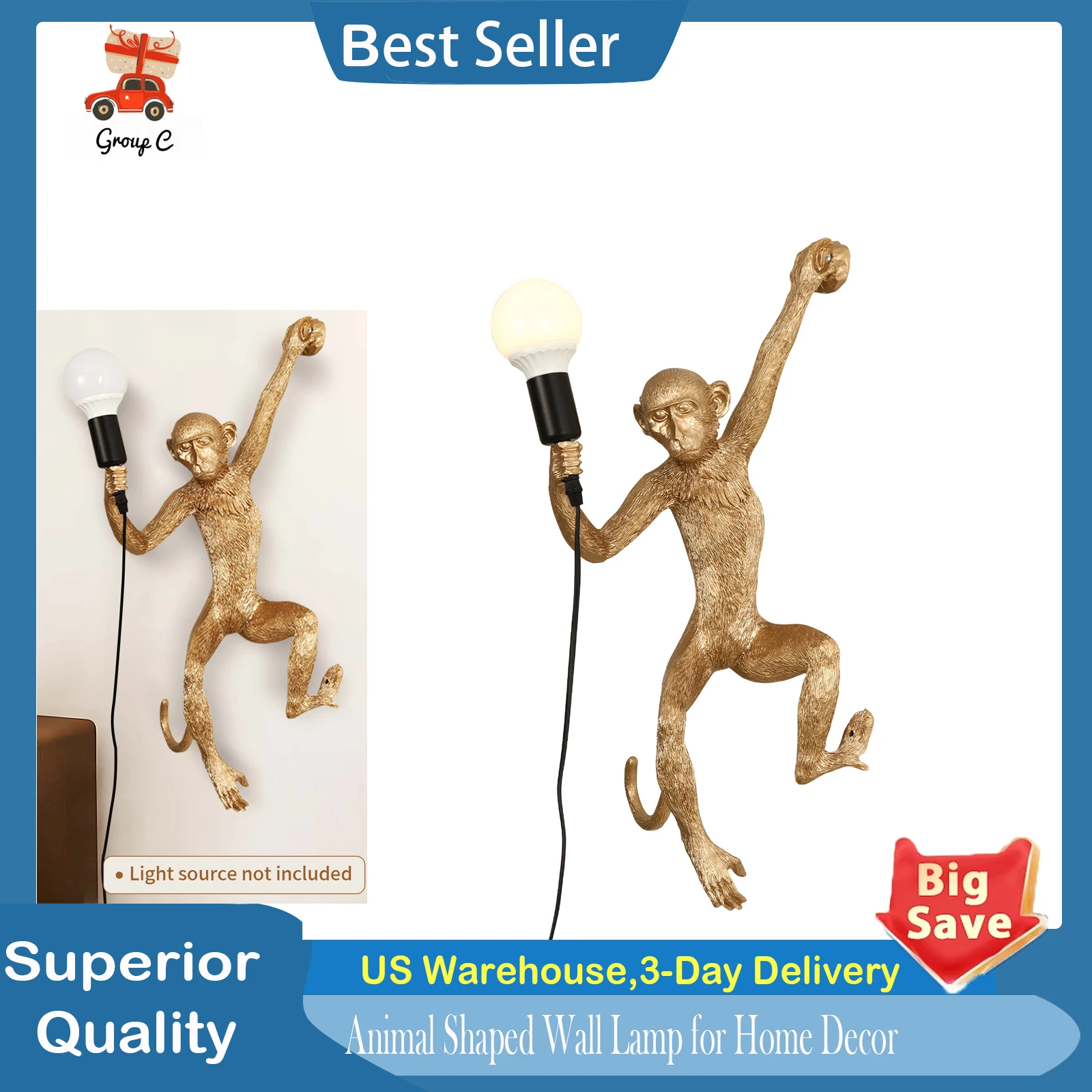

Настенный светильник «Золотая обезьяна», настенный светильник в форме животного для домашнего декора, гостиной, спальни, розетка E26, стандарт США (лампа в комплект не входит)