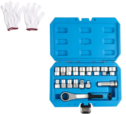 17-Piece Socket Set with Embedded Ratchet Mechanism 12-Point Fluted Sockets 10mm through 24mm Silver Blue Finish
