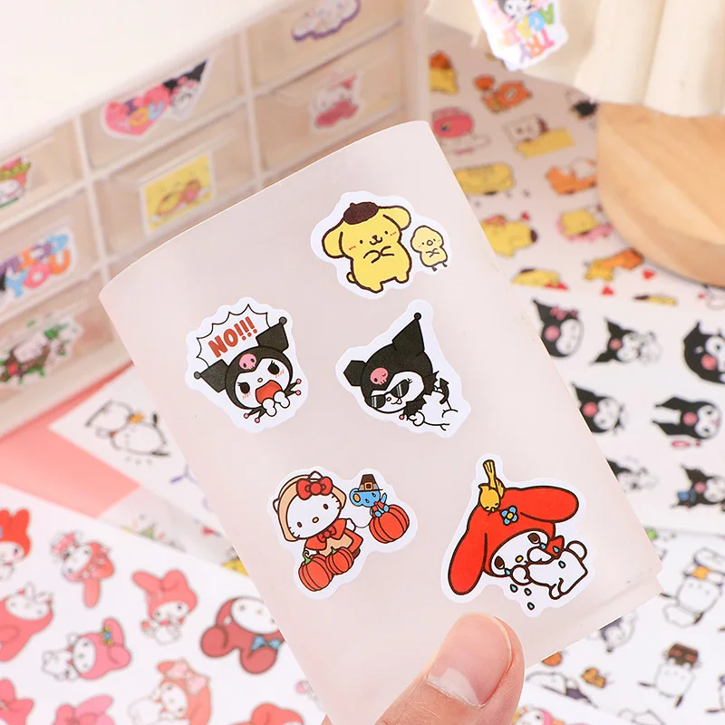 Sanrio 4Sheets 100pcs Cartoon Sticker Pochacco Kuromi Melody Kitty Kawaii Stickers Student Stationery Supplies Birthday Gifts