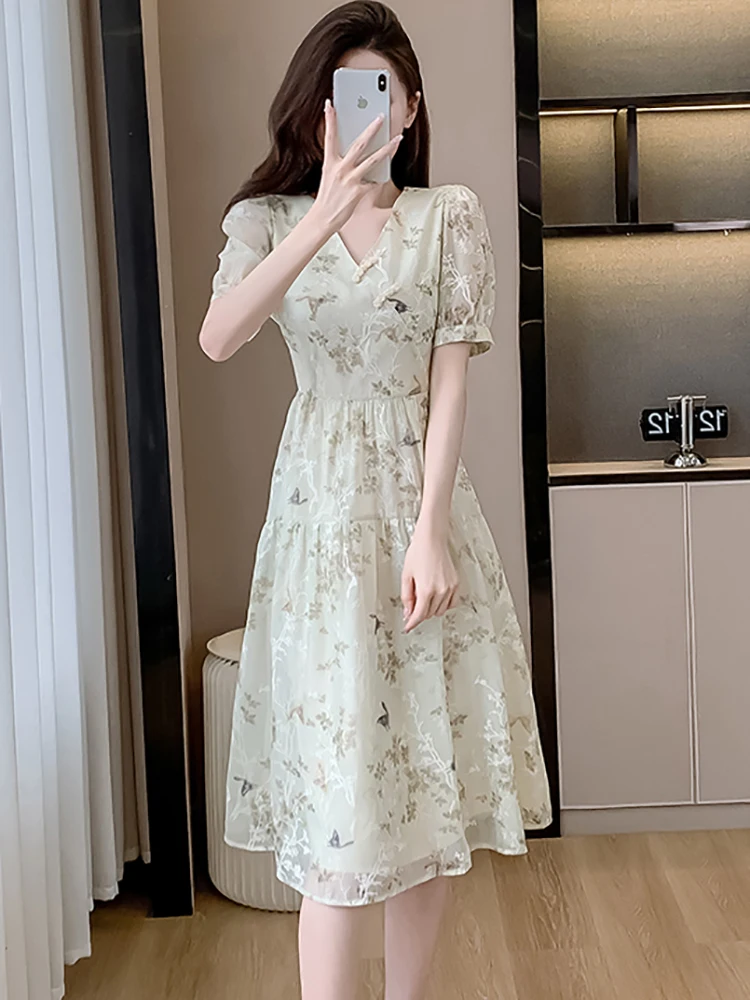 Letnia szyfonowa sukienka midi z krótkim rękawem i dekoltem w szpic dla kobiet Elegancka sukienka wakacyjna 2025 Koreańska sukienka jednoczęściowa Bodycon