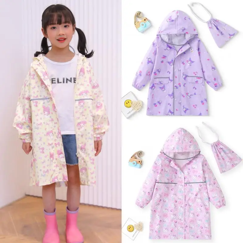 Kawaii Hello Kitty My Melody Kuromi Girls' Raincoat Anime Sanrio Girl's Heart Cute Windproof Raincoat with School Bag Seat