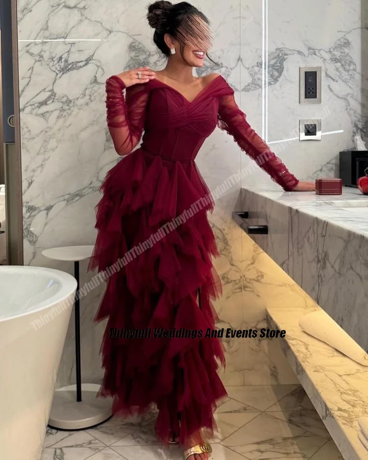 Thinyfull Off Shoulder Tulle Prom Dresses Long Sleeves Evening Party Gowns 2024 Floor Length Dubai Formal Occasion Dress