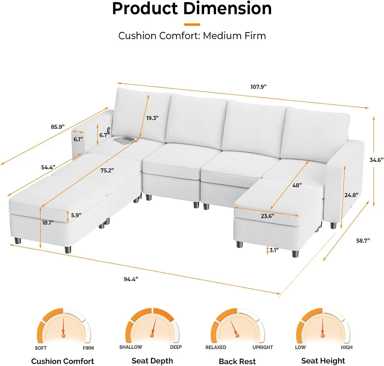 Storage Modular Sectional Sofa Sleeper in Upgraded USB Built-in Charger, Convertible Couch Bed, Seaters Module/Ottomans(Chaises)