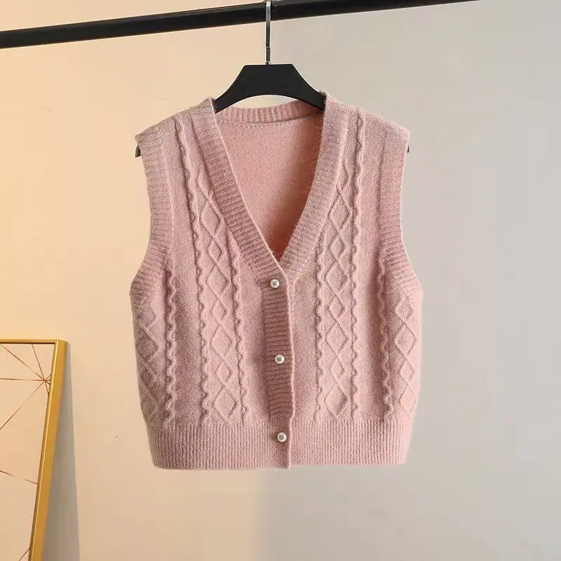 

Chic Knitted Vests Autumn Winter Sleeveless Knit Cardigan Buttons Short Tops Waistcoat Women's Clothing Trend Casual Loose Coats