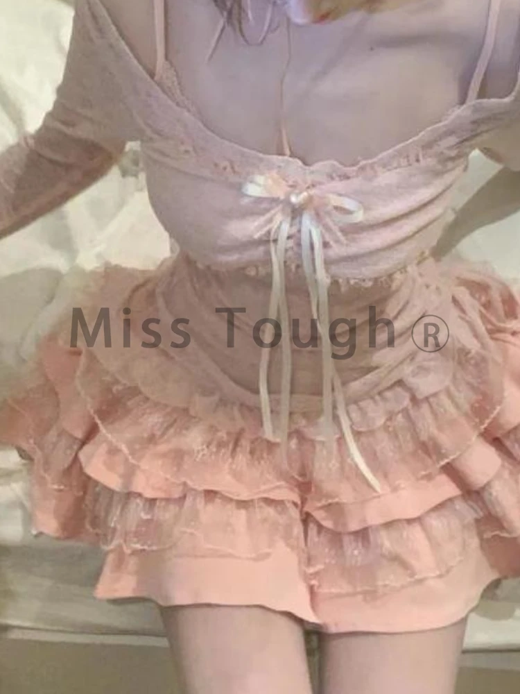 Conjunto de 2 piezas de moda dulce coreana para mujer, blusa con lazo de encaje + vestido ajustado de retazos, nuevo diseño elegante, traje Sexy Y2k Harajuku 2025