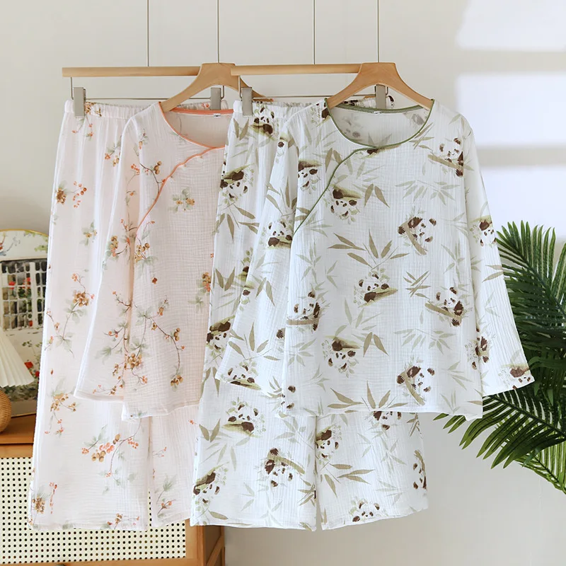 

2025 Spring and Autumn New Women's Cartoon Pajama Set 100% Cotton Crepe Chinese Long Sleeve Long Pants Two Piece Set Ladies