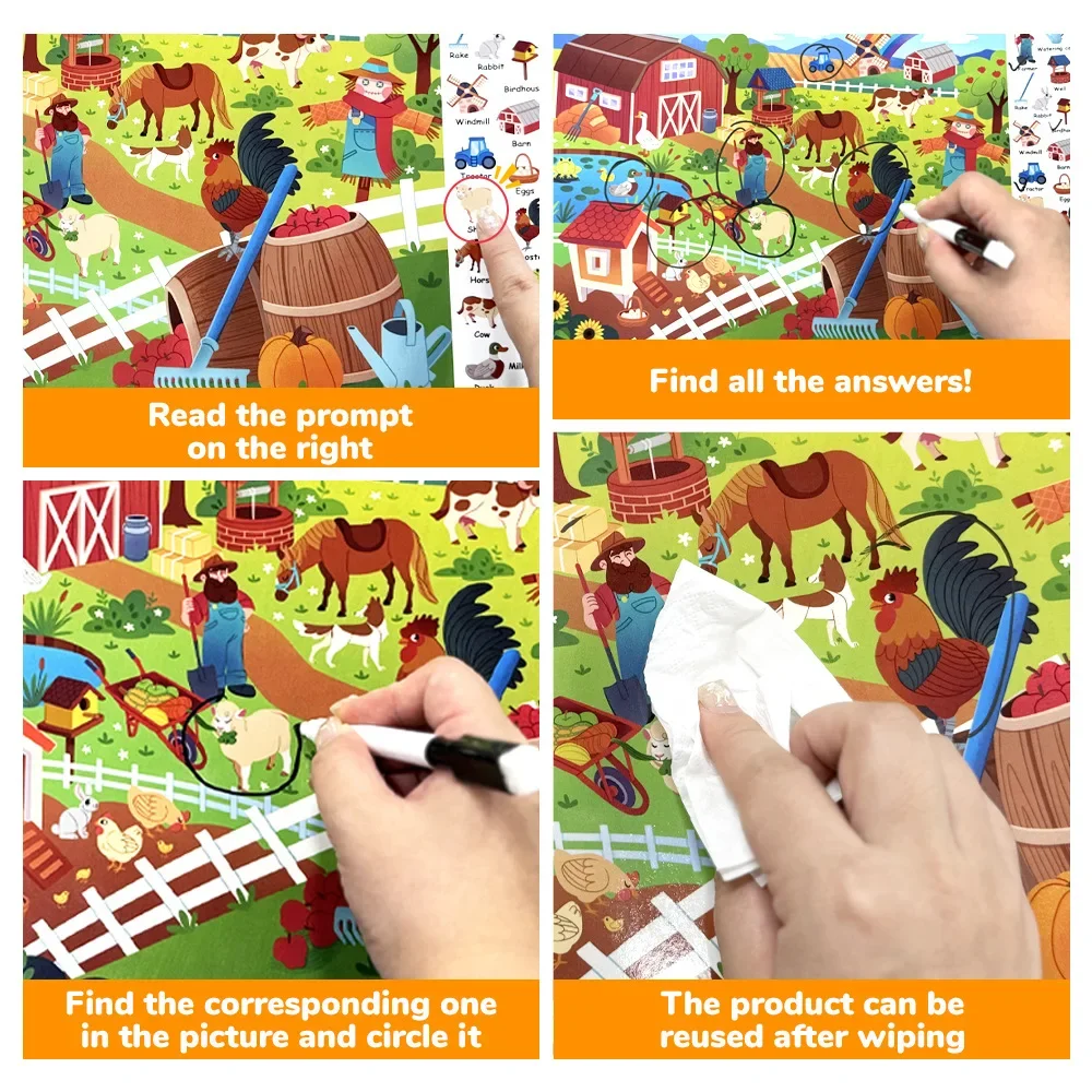 Search and Find Game Looking for Different 3 Themes Interactive Activity Painting Kit Drawing Books with Reusable Pen