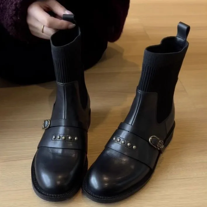 

Женские элегантные короткие туфли на среднем каблуке, женские ботинки-носки, женские ботильоны с круглым носком, коричневая удобная эластичная обувь