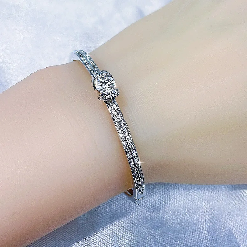 Double Row Full Inlaid Moissanite Bracelet Light Luxury Niche Design Pure Silver Bangle925Electroplating18KGold Bracelet Jewelry