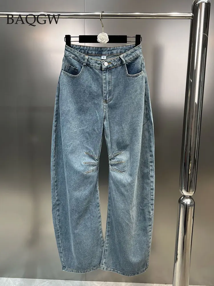 Fashion Denim Pants Set Women\'s Sexy Irregular Designer V-neck Strapless Crop Top and High Waist Loose Jeans Female 2023 Summer