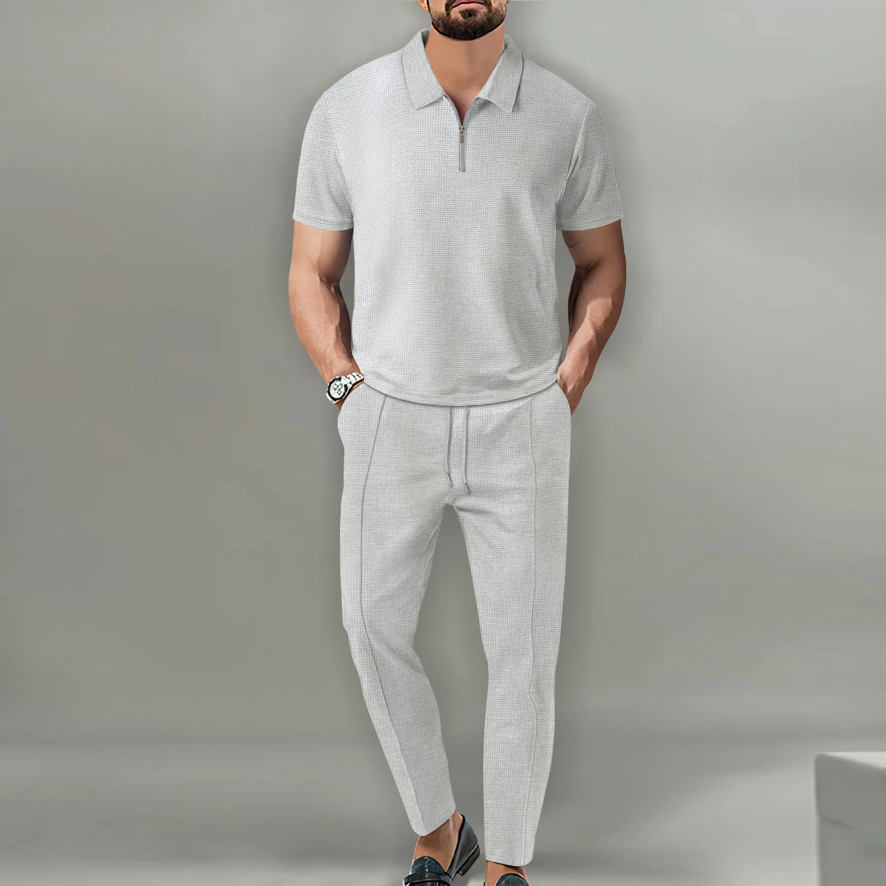 Tuta sportiva casual da uomo alla moda e alla moda, set di pantaloni lunghi con cerniera a maniche corte waffle