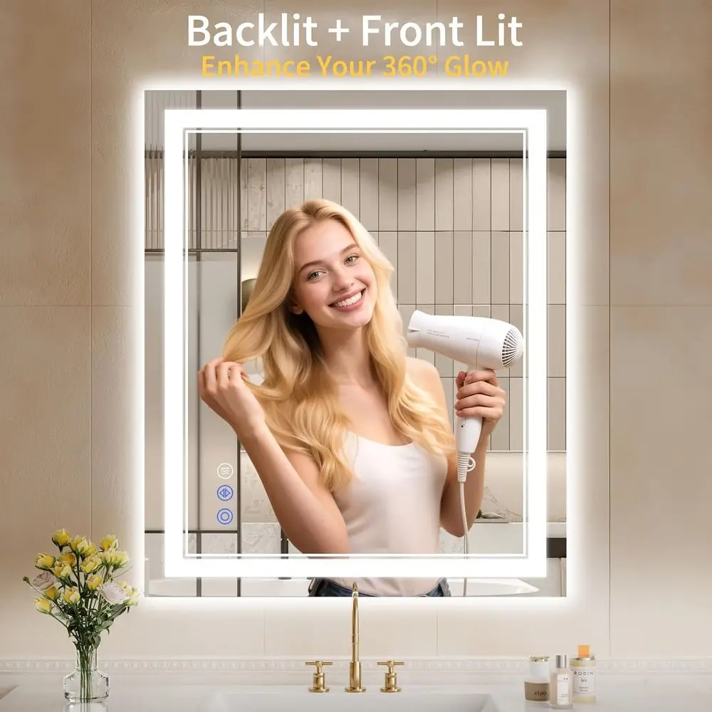 Espejo de baño regulable con iluminación LED de 30x36, antivaho, retroiluminado y iluminado frontal, espejo de tocador de vidrio templado con 3 opciones de color