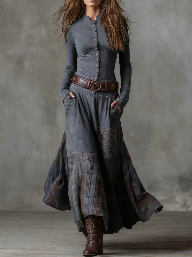 Vestido largo drapeado con botones a la moda, vestido largo elegante con cuello redondo y manga larga con bolsillos, vestido de fiesta ajustado con estampado a cuadros Vintage