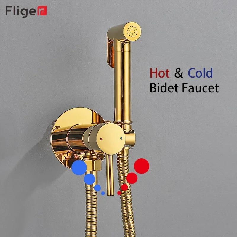 Fliger Brush Golden Handheld Toilet Bidet Sprayer Set Bidet Faucet Hot Cold Water Mixer Toilet Faucet Shower Head