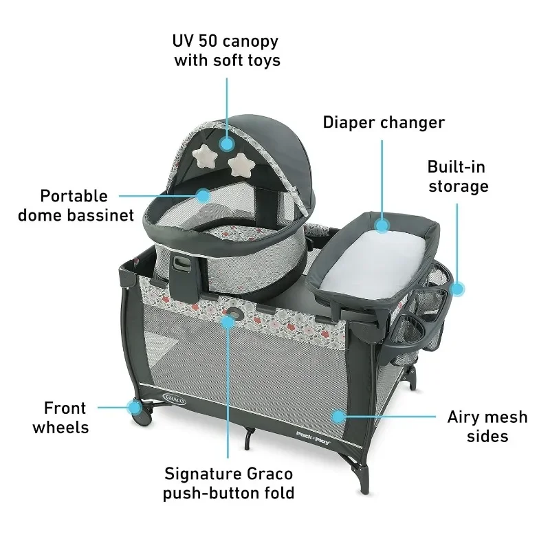 Pacote N Play Travel Dome Playard inclui berço portátil para bebê, colcha e trocador de fraldas de tamanho completo, fácil de montar