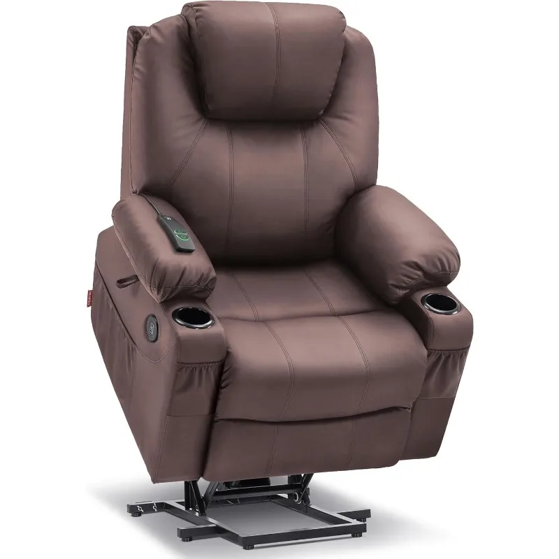 Electric Power Lift Recliner Chair Sofa with Massage and Heat for Elderly, 2 Side Pockets, and Cup Holders, Faux Leather Brown