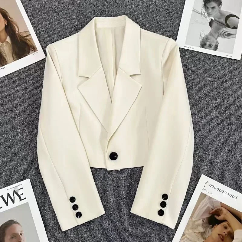 Lucyever Korean Single Button Blazer Woman All-Match Long Sleeve Office Short Suit Jacket Ladies Solid Turndown Collar Crop Tops