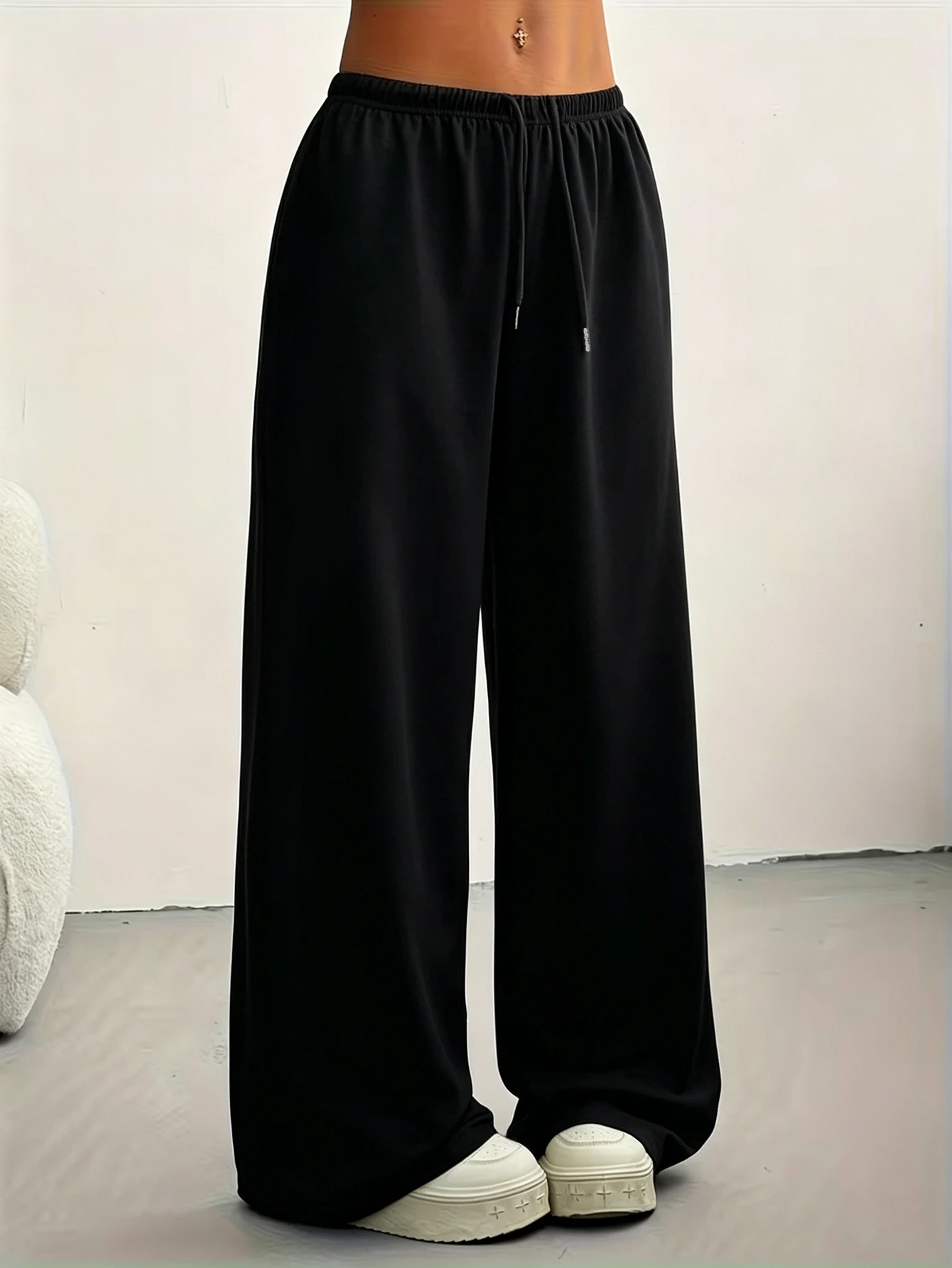 Lazy Style Solid Wide-Leg Pants Women'S High-Waist Drapey Floor-Length Trousers Versatile Casual Sweatpants