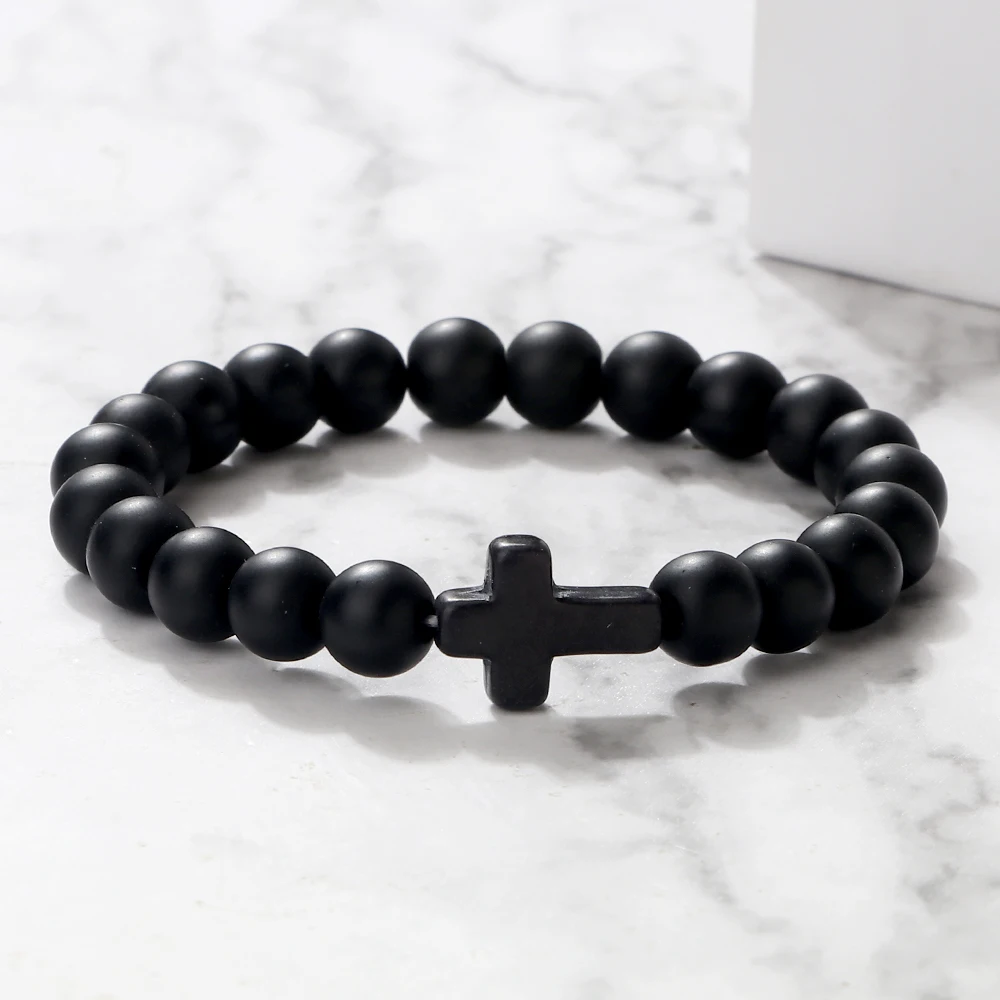 Charm Natural Stone Bracelet Cross Black Lava Matte Beaded Bracelets Handmade Men Women Prayer Fitness Chain Couple Jewelry Gift