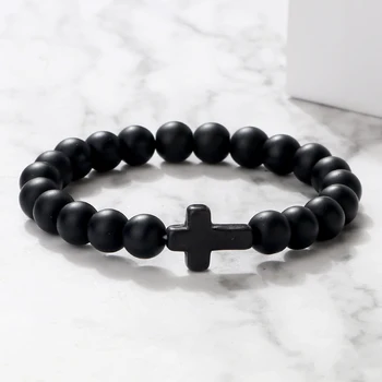 Charm Natural Stone Bracelet Cross Black Lava Matte Beaded Bracelets Handmade Men Women…