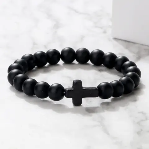 Bracciale con ciondolo in pietra naturale croce braccialetti con perline opache lavica nera fatti a mano uomo donna preghiera catena fitness coppia gioielli regalo